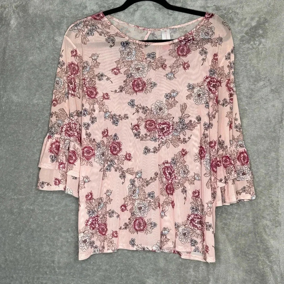 No Boundries XXL 2X Shirt Top Pink Floral Bell 3/4 Sleeve Round Neck Sheer - Picture 1 of 8